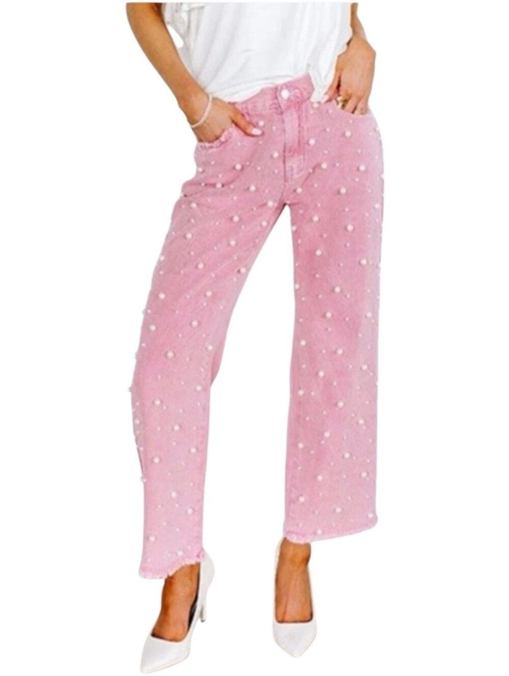 POL Pink Pearl Embellished Jeans Women's Sz.S Frayed Raw Edges Cottagecore Artsy - Picture 3 of 16